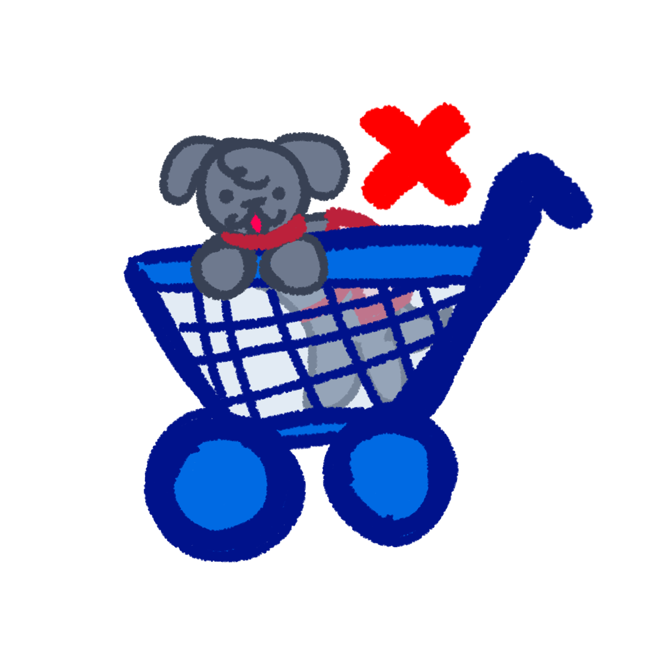 a blue shopping cart with blue inner wheels and a translucent grey basket area. Inside the shopping cart is a dark grey dog wearing a red service dog vest and collar. Near the shopping cart is a red X, showing that this is wrong